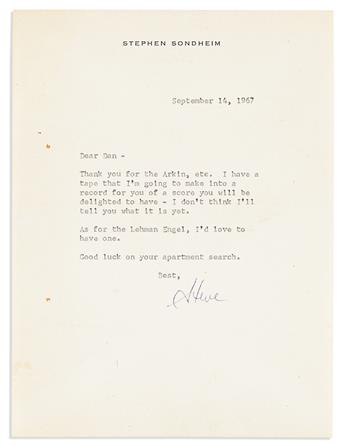 SONDHEIM, STEPHEN. Small archive of 7 Typed Letters Signed, "Steve" or "Stephen Sondheim" or "S," to press agent Daniel Langen or OCEE